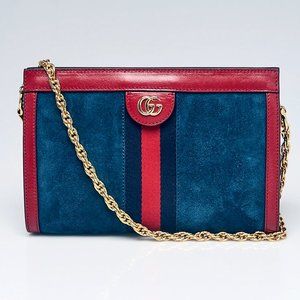 Gucci Ophidia Shoulder Bag in Blue Suede and Red Leather